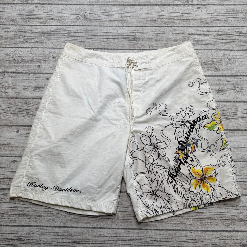 Harley-Davidson Board Shorts Men's XL White Floral Hibiscus Swim Trunks Summer